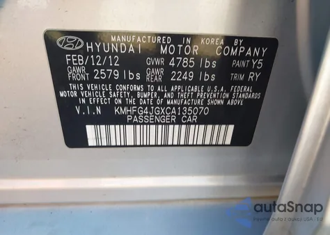 2012 Hyundai Azera из США, поврежденный, VIN KMHFG4JGXCA135070
